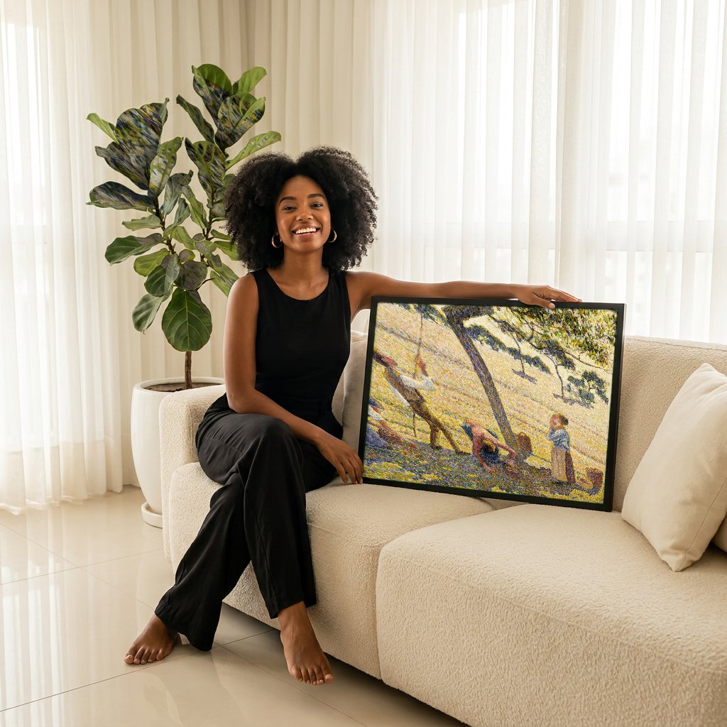 Quadro Decorativo A Colheita de Maçãs - Pissarro com modelo em ambiente