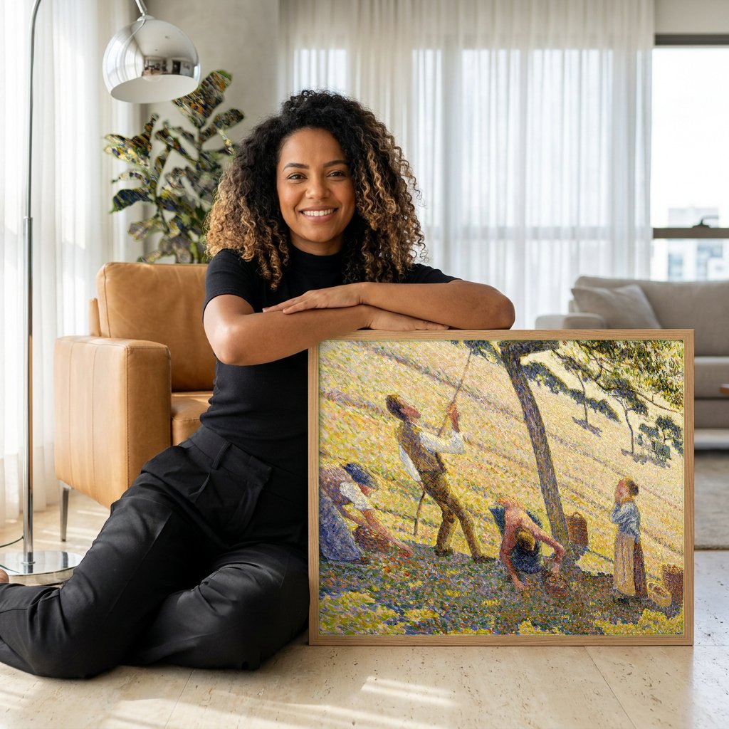 Quadro Decorativo A Colheita de Maçãs - Pissarro com modelo em ambiente