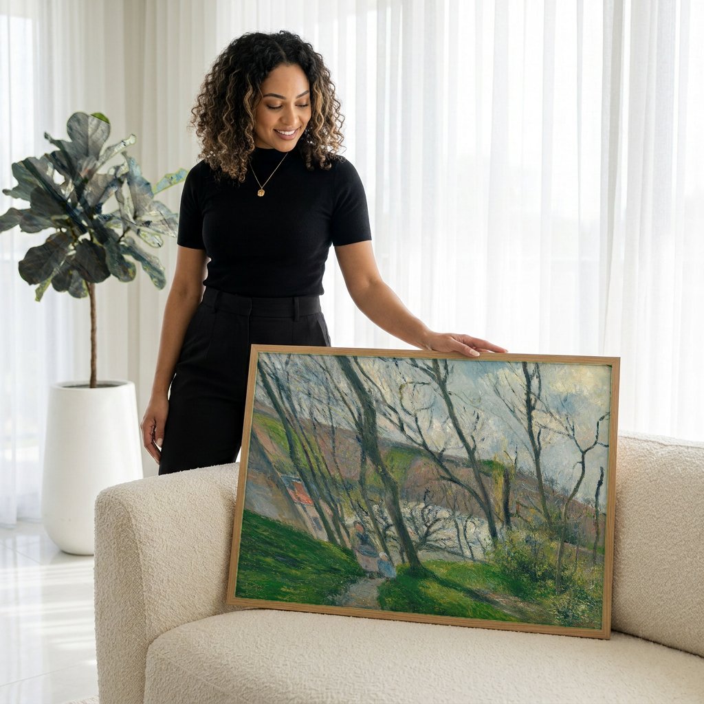 Quadro Decorativo Caminho na Floresta - Pissarro com modelo em ambiente