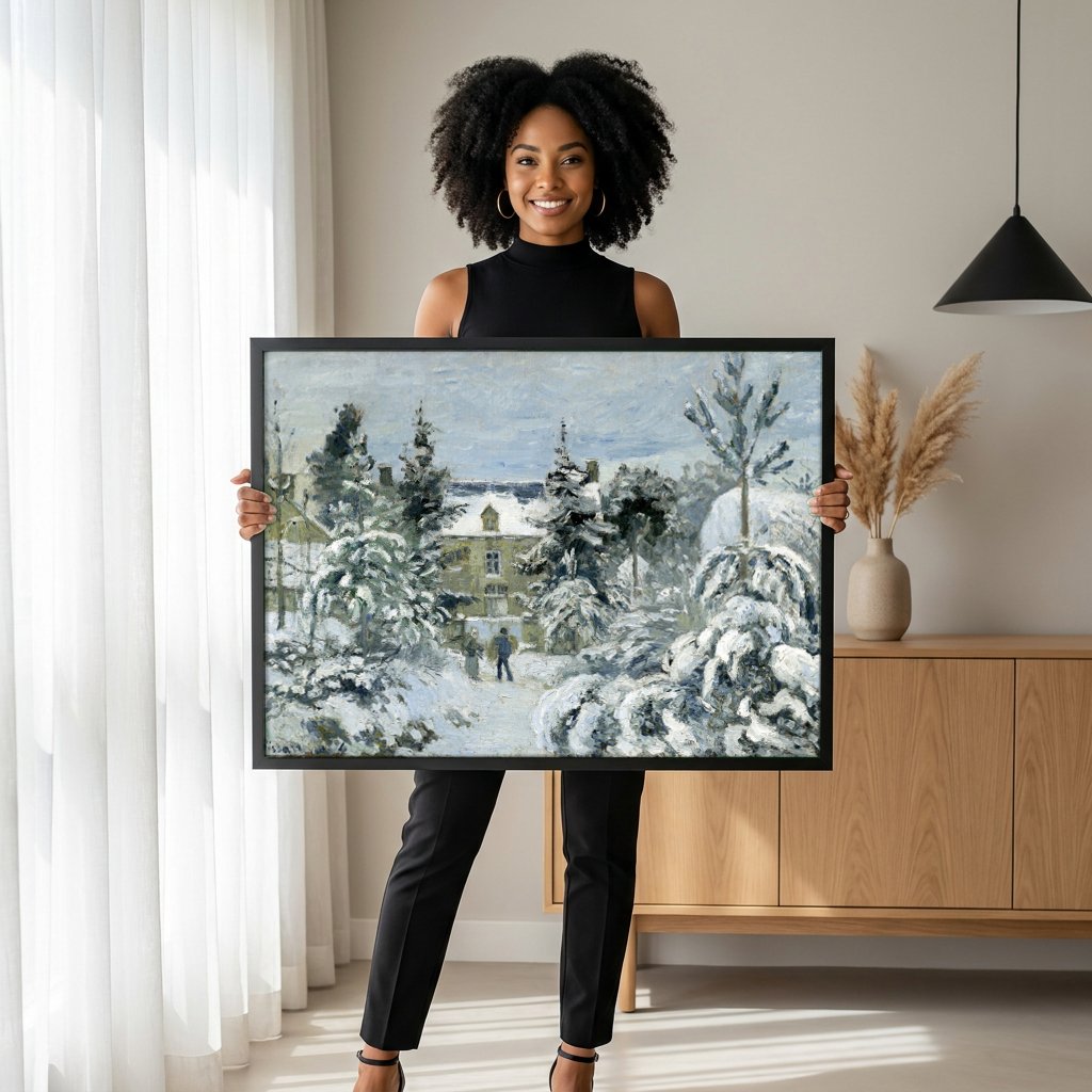 Quadro Decorativo Paisagem de Inverno - Pissarro com modelo em ambiente