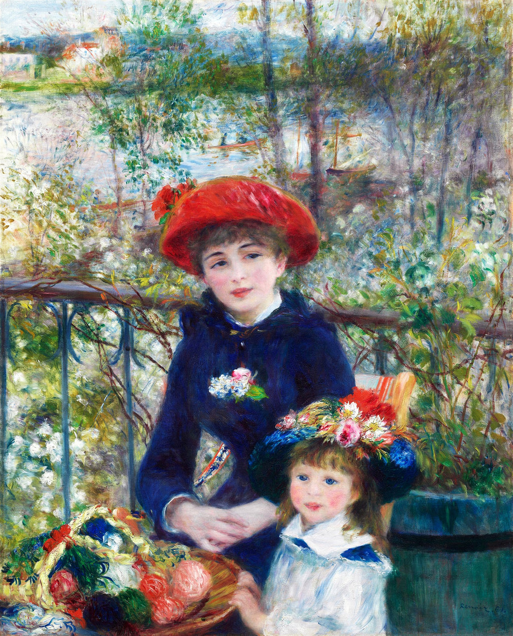 Quadro decorativo "Duas Irmãs (No Terraço)" de Pierre-Auguste Renoir, mostrando duas jovens em um terraço florido com vista para um rio. A mulher mais velha usa um chapéu vermelho vibrante e um vestido azul escuro, enquanto a criança ao seu lado usa um chapéu florido e um vestido branco.