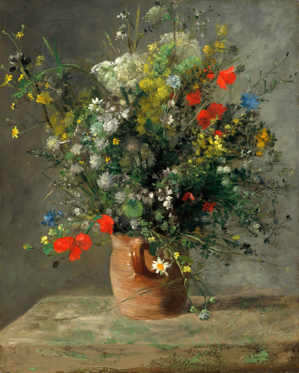 Quadro decorativo de Pierre-Auguste Renoir, 'Vaso de Flores', mostrando um arranjo floral exuberante e colorido em um vaso de cerâmica sobre uma mesa, com pinceladas soltas e luminosas típicas do Impressionismo.