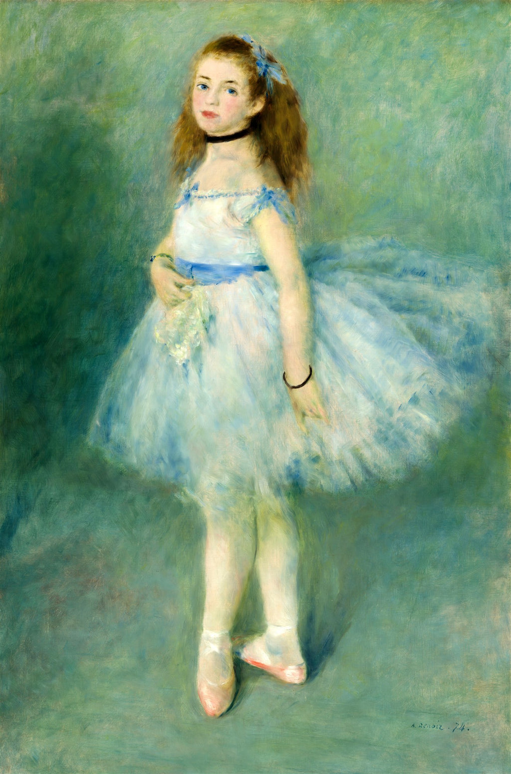 Impressão fine art de A Bailarina de Renoir, retratando uma jovem bailarina de tutu azul, com cabelos ruivos e olhar expressivo, em fundo esverdeado.