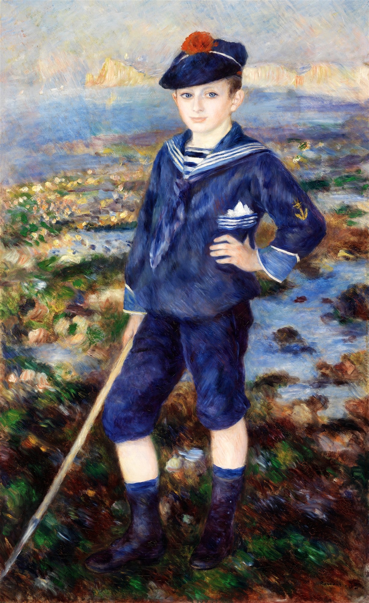 Quadro decorativo de uma criança vestida de marinheiro, com um chapéu azul e vermelho, segurando um bastão, em uma praia rochosa. O mar azul claro e o céu estão ao fundo, com a luz do sol refletindo na água. A pintura é no estilo impressionista, com pinceladas visíveis e cores vibrantes.