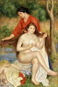 Quadro decorativo mostrando duas mulheres em um ambiente natural, possivelmente um rio, com uma delas nua sentada e a outra vestida, ambas com cabelos longos avermelhados. Estilo impressionista com cores suaves e pinceladas visíveis, atribuído a Pierre-Auguste Renoir.