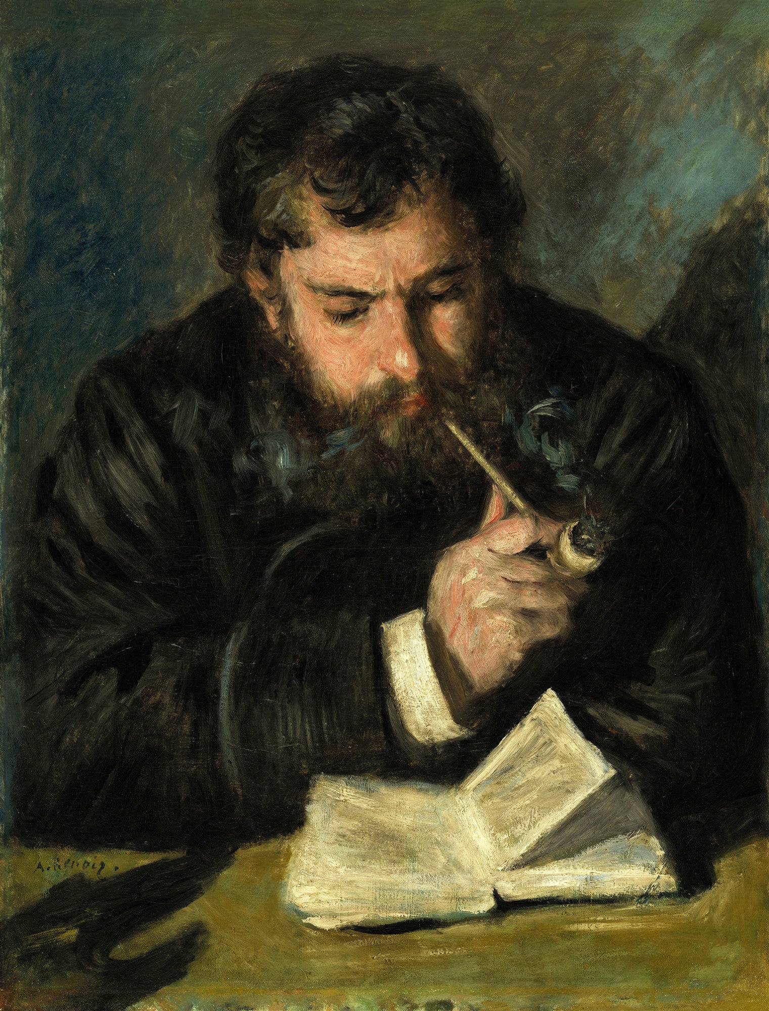 Quadro decorativo mostrando um homem barbudo com cachimbo, lendo um livro, pintado por Pierre-Auguste Renoir no estilo impressionista.