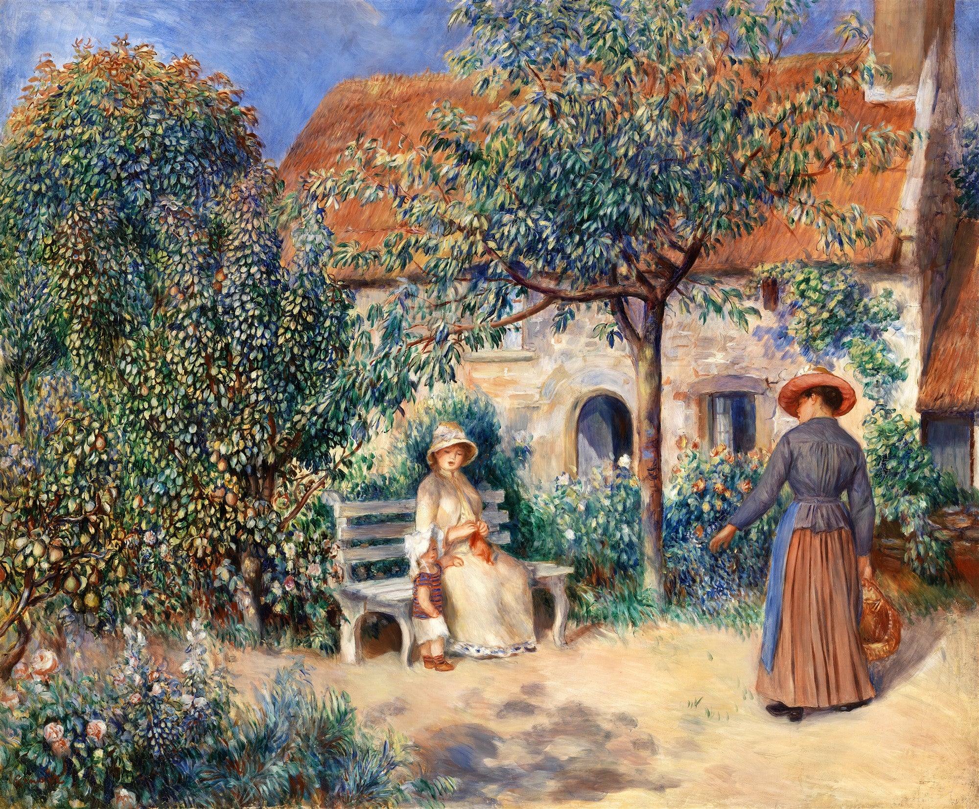 Quadro decorativo com pintura impressionista de um jardim florido, onde duas mulheres com chapéus interagem em um dia ensolarado. Uma está sentada em um banco, e a outra está em pé, de costas, apontando para as plantas. Ao fundo, uma casa de telhado de palha.