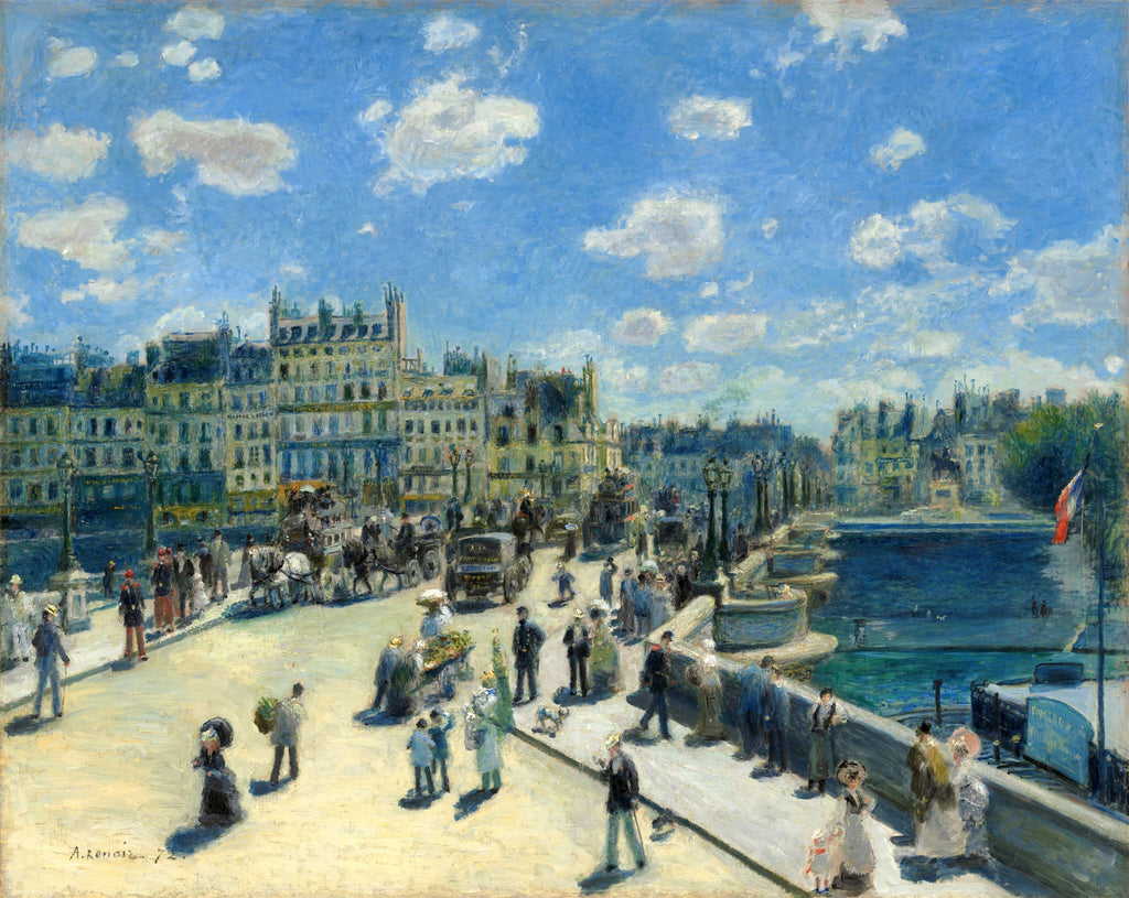 Pintura a óleo de Pierre Auguste Renoir intitulada 'Le Pont Neuf', retratando a ponte e o rio Sena em Paris com pessoas, carruagens e edifícios sob um céu azul com nuvens brancas, em estilo impressionista.