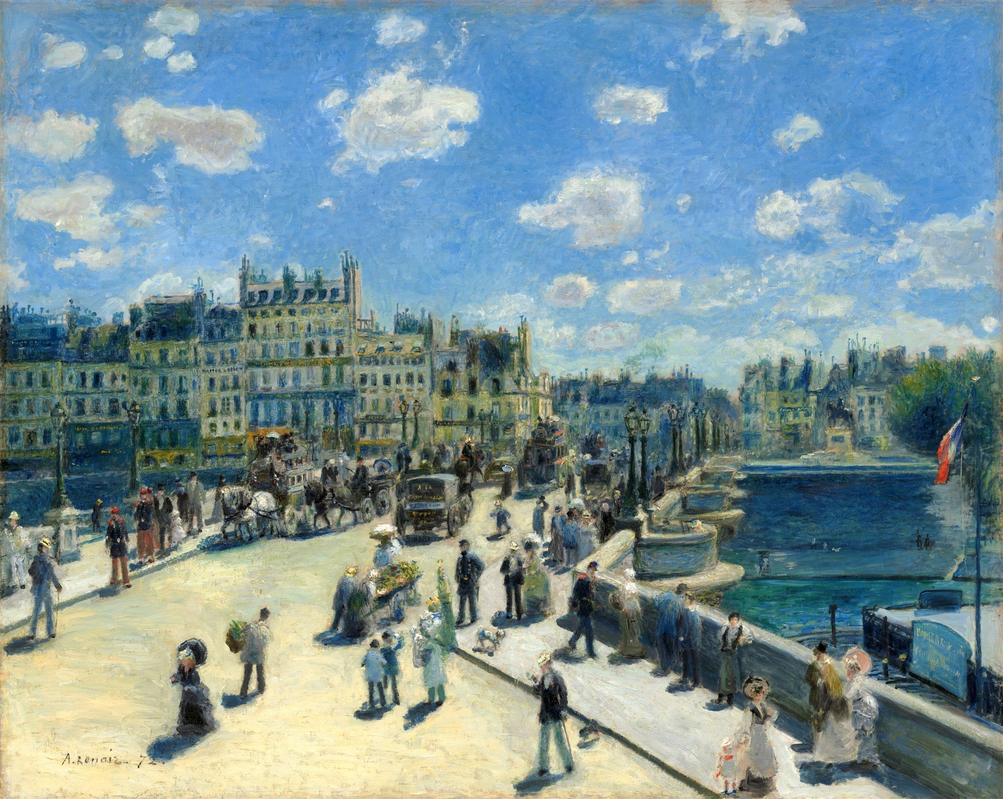 Pintura a óleo de Pierre Auguste Renoir intitulada 'Le Pont Neuf', retratando a ponte e o rio Sena em Paris com pessoas, carruagens e edifícios sob um céu azul com nuvens brancas, em estilo impressionista.