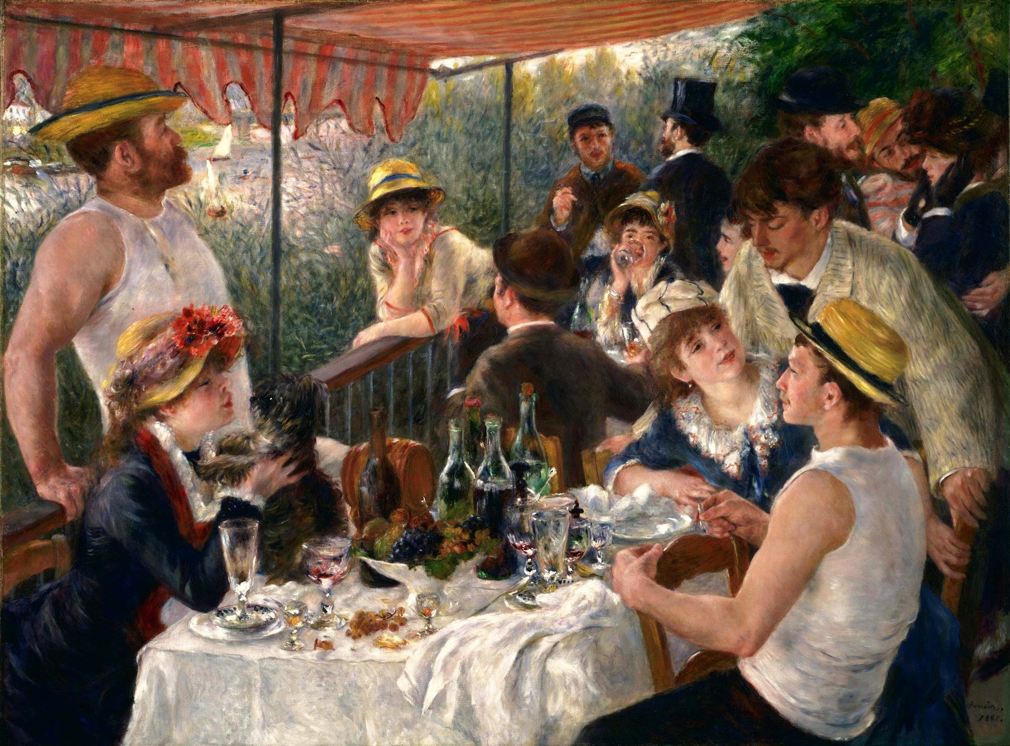 Quadro decorativo colorido de Pierre-Auguste Renoir, 'O Almoço dos Barqueiros', retratando um grupo de amigos almoçando e conversando em um terraço ensolarado à beira de um rio, com garrafas de vinho e frutas na mesa, luz solar filtrada por um toldo listrado