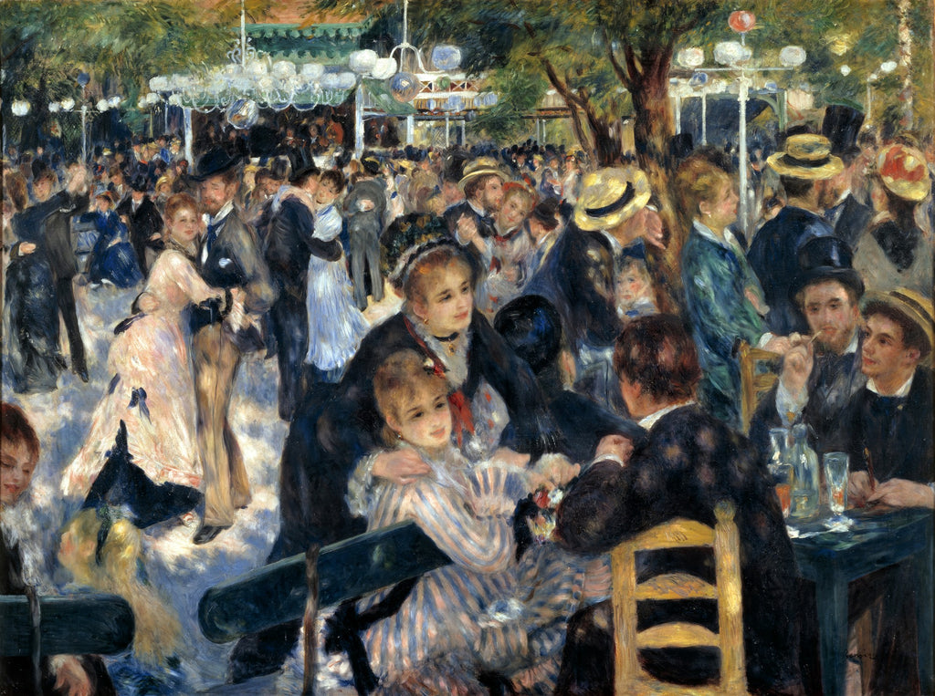 Quadro decorativo com a pintura 'Bal du moulin de la Galette' de Pierre-Auguste Renoir, mostrando uma cena vibrante de dança e convívio social em um jardim parisiense com pessoas vestidas com trajes do século XIX, sob a luz do sol filtrada pelas árvores.