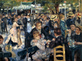 Quadro decorativo com a pintura 'Bal du moulin de la Galette' de Pierre-Auguste Renoir, mostrando uma cena vibrante de dança e convívio social em um jardim parisiense com pessoas vestidas com trajes do século XIX, sob a luz do sol filtrada pelas árvores.