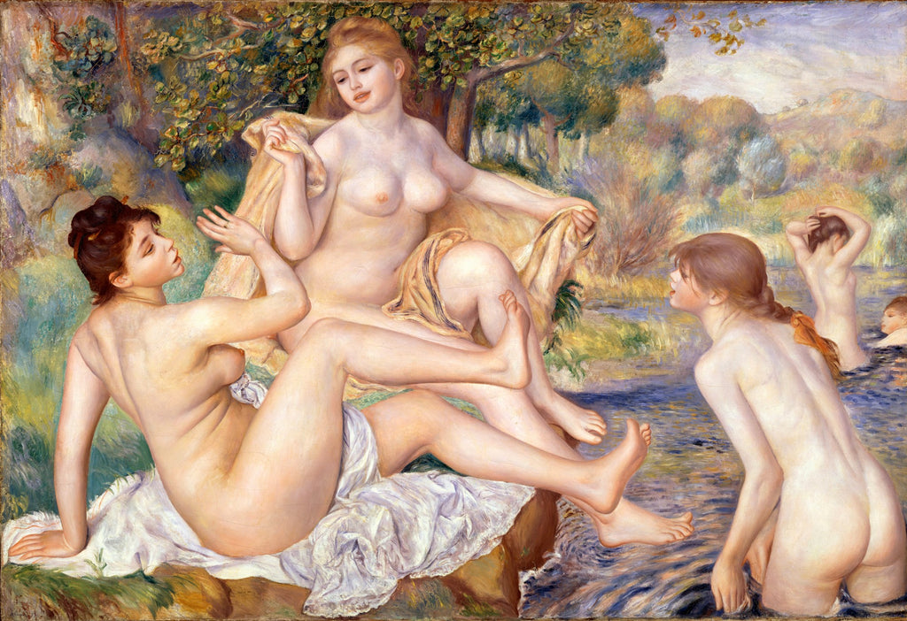 Quadro decorativo 'As Grandes Banhistas' de Pierre-Auguste Renoir, retratando mulheres nuas em um cenário natural, com riacho e vegetação, em tons suaves e luminosos.