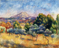 Quadro decorativo mostrando uma paisagem impressionista com campo de oliveiras em tons de amarelo e verde, montanha ao fundo e céu azul vibrante. Assinatura 'Renoir' no canto inferior direito.