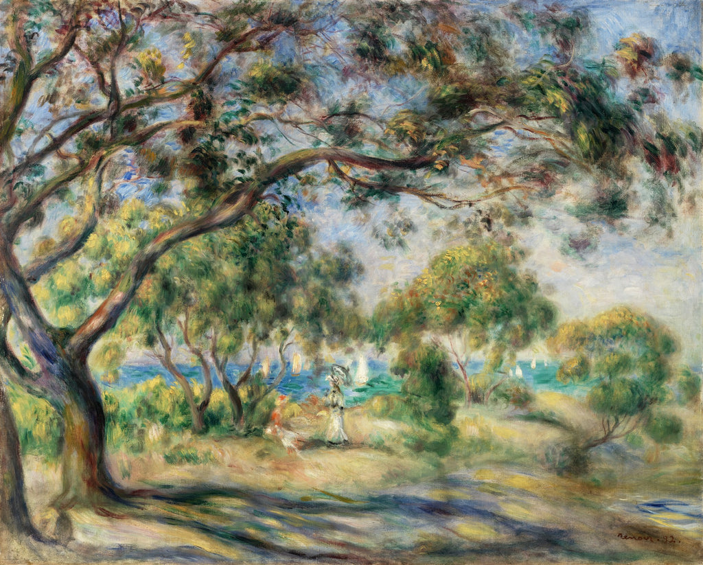 Quadro decorativo com paisagem impressionista de Renoir, apresentando árvores frondosas sombreando figuras femininas perto de um lago ou mar com barcos a vela. A paleta de cores é vibrante, com tons de verde, azul e amarelo.