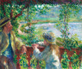 Quadro decorativo mostrando duas figuras, um homem e uma mulher, em uma varanda ou mirante com vista para um rio ou lago. A vegetação densa e verde emoldura a cena, e as pinceladas são soltas e vibrantes, características do estilo impressionista de Pierre-Auguste Renoir.