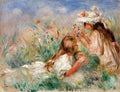 Pintura a óleo de Pierre-Auguste Renoir, 'Crianças no Campo', mostrando duas meninas em um campo florido. Uma delas, com um chapéu, oferece flores à outra, que está deitada na grama. As cores são suaves e as pinceladas impressionistas.