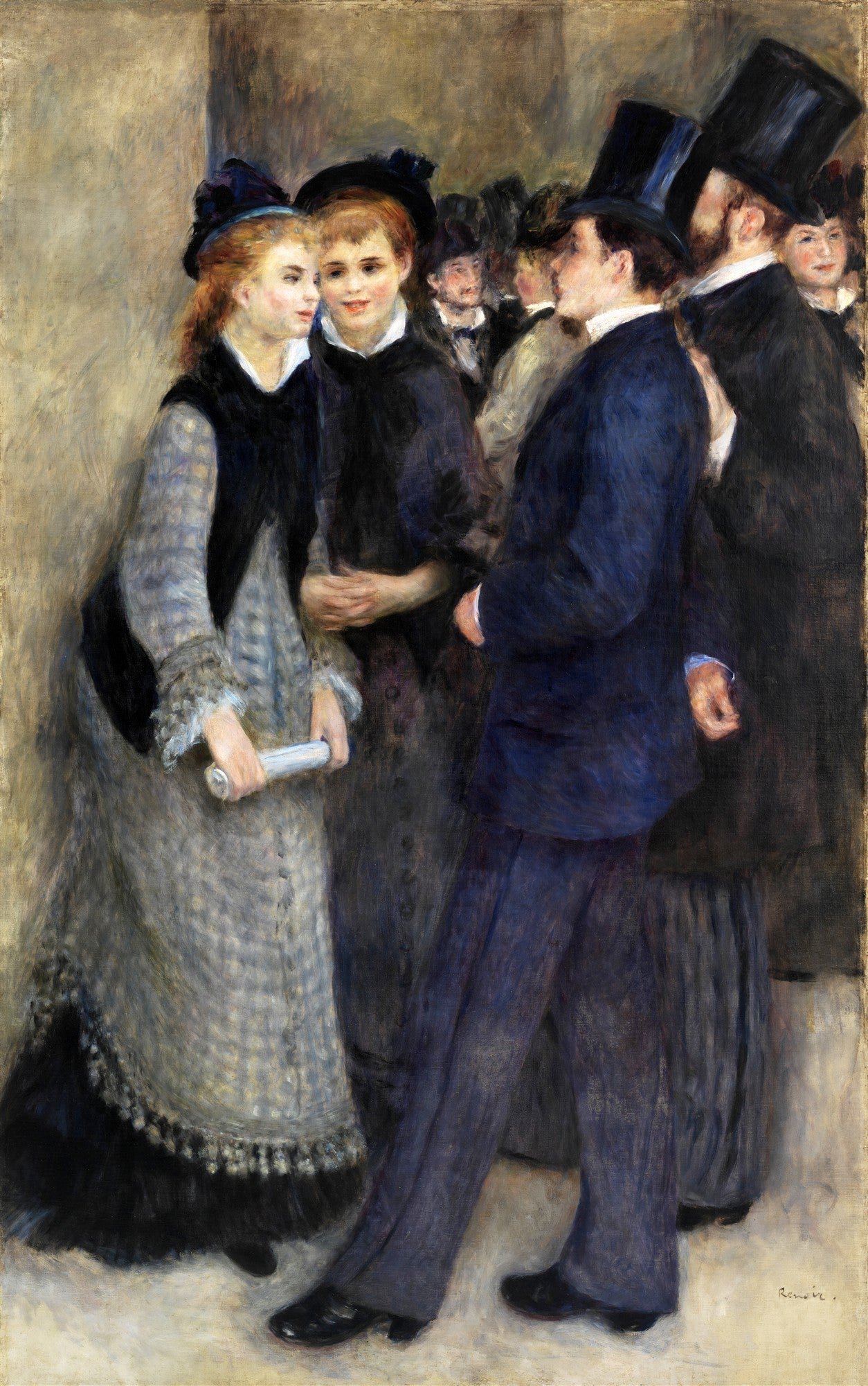 Quadro decorativo La Conversation de Renoir, retratando um grupo de pessoas elegantemente vestidas em uma conversa animada, com tons suaves e pinceladas impressionistas.
