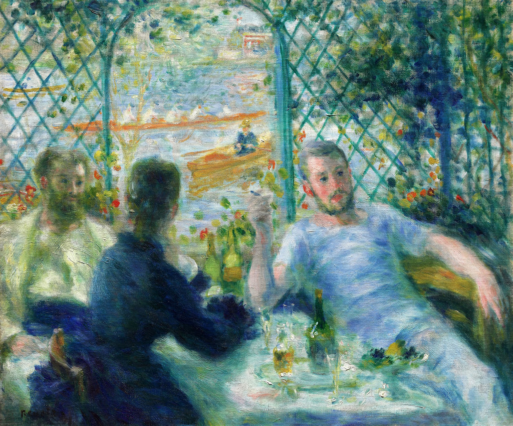 Quadro decorativo "Almoço dos Barqueiros" de Pierre-Auguste Renoir, retratando um grupo de pessoas em uma varanda com vista para um rio com barcos, em estilo impressionista com cores vibrantes e pinceladas soltas.