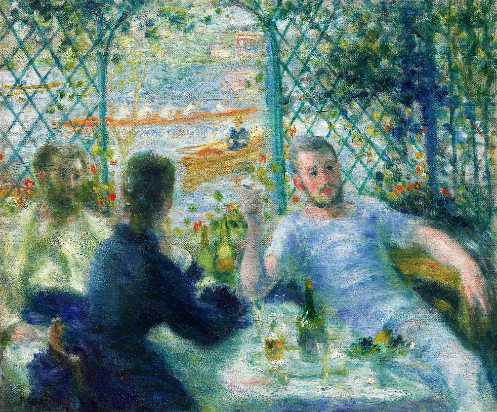 Quadro decorativo "Almoço dos Barqueiros" de Pierre-Auguste Renoir, retratando um grupo de pessoas em uma varanda com vista para um rio com barcos, em estilo impressionista com cores vibrantes e pinceladas soltas.