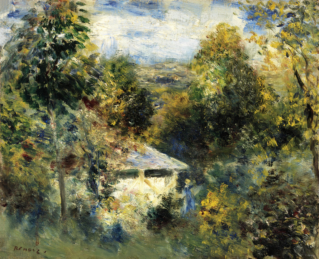 Quadro decorativo paisagem impressionista com casinha e árvores exuberantes, cores vibrantes de verde, amarelo e azul, estilo de pintura de Pierre-Auguste Renoir
