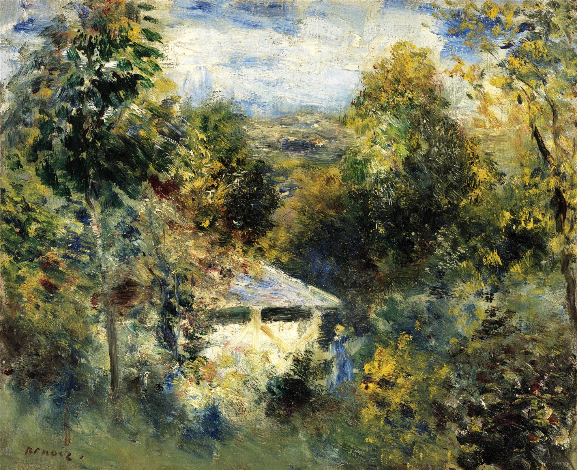 Quadro decorativo paisagem impressionista com casinha e árvores exuberantes, cores vibrantes de verde, amarelo e azul, estilo de pintura de Pierre-Auguste Renoir