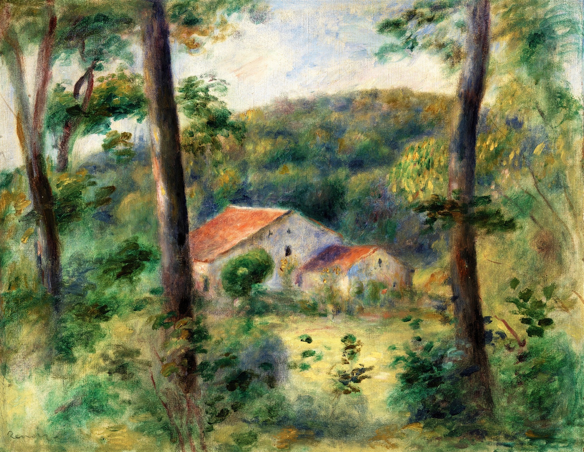 Quadro decorativo com pintura impressionista de uma casa entre árvores, com tons de verde, amarelo e marrom predominantes. É uma paisagem florestal com uma edificação ao fundo.