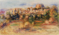 Pintura a óleo de Pierre-Auguste Renoir, mostrando uma paisagem mediterrânea com uma vila e montanhas ao fundo, e vegetação exuberante em primeiro plano, com pinceladas soltas e cores vibrantes.