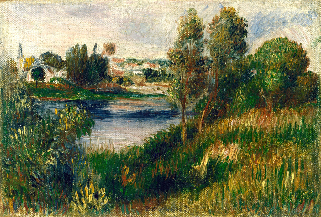 Quadro decorativo mostrando uma paisagem fluvial vibrante com folhagens verdes em primeiro plano, um rio refletindo o céu e uma vila distante ao fundo, no estilo impressionista de Pierre-Auguste Renoir.