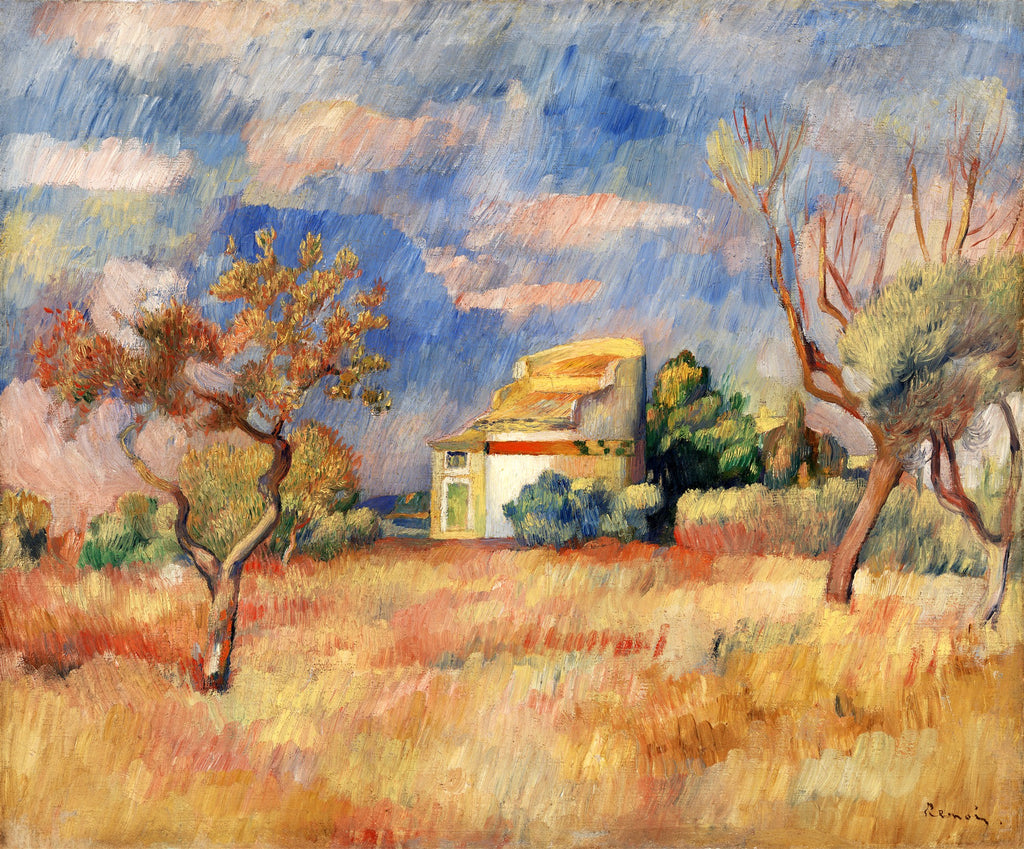 Pintura a óleo de Pierre-Auguste Renoir, 'Le Camp des Cigales', representando uma paisagem provençal com campo dourado, árvores, uma casa branca ao fundo e céu nublado com tons de azul e rosa.