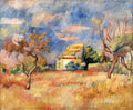 Pintura a óleo de Pierre-Auguste Renoir, 'Le Camp des Cigales', representando uma paisagem provençal com campo dourado, árvores, uma casa branca ao fundo e céu nublado com tons de azul e rosa.