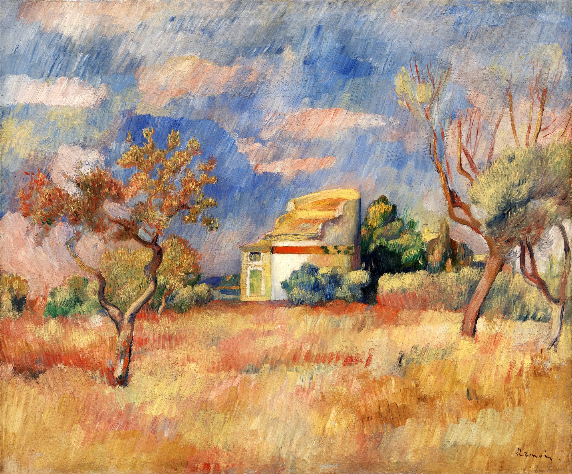 Pintura a óleo de Pierre-Auguste Renoir, 'Le Camp des Cigales', representando uma paisagem provençal com campo dourado, árvores, uma casa branca ao fundo e céu nublado com tons de azul e rosa.