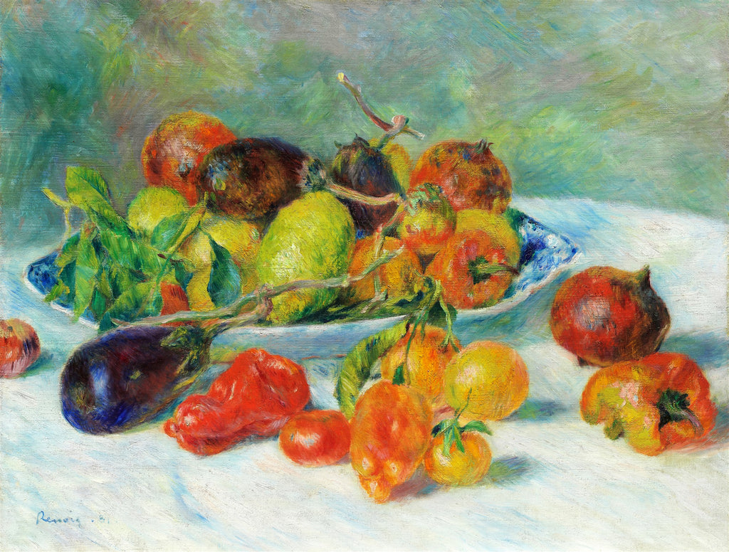 Quadro decorativo com natureza-morta de Pierre-Auguste Renoir, exibindo uma cesta de frutas e legumes sobre uma mesa. Destacam-se romãs, limões, berinjelas e pimentões em tons vibrantes de vermelho, amarelo, verde e roxo, com pinceladas soltas e luminosas típicas do impressionismo.