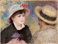 Duas figuras em pastel, uma mulher de chapéu com flores lilases e um homem de costas com chapéu de palha, em estilo impressionista de Renoir.