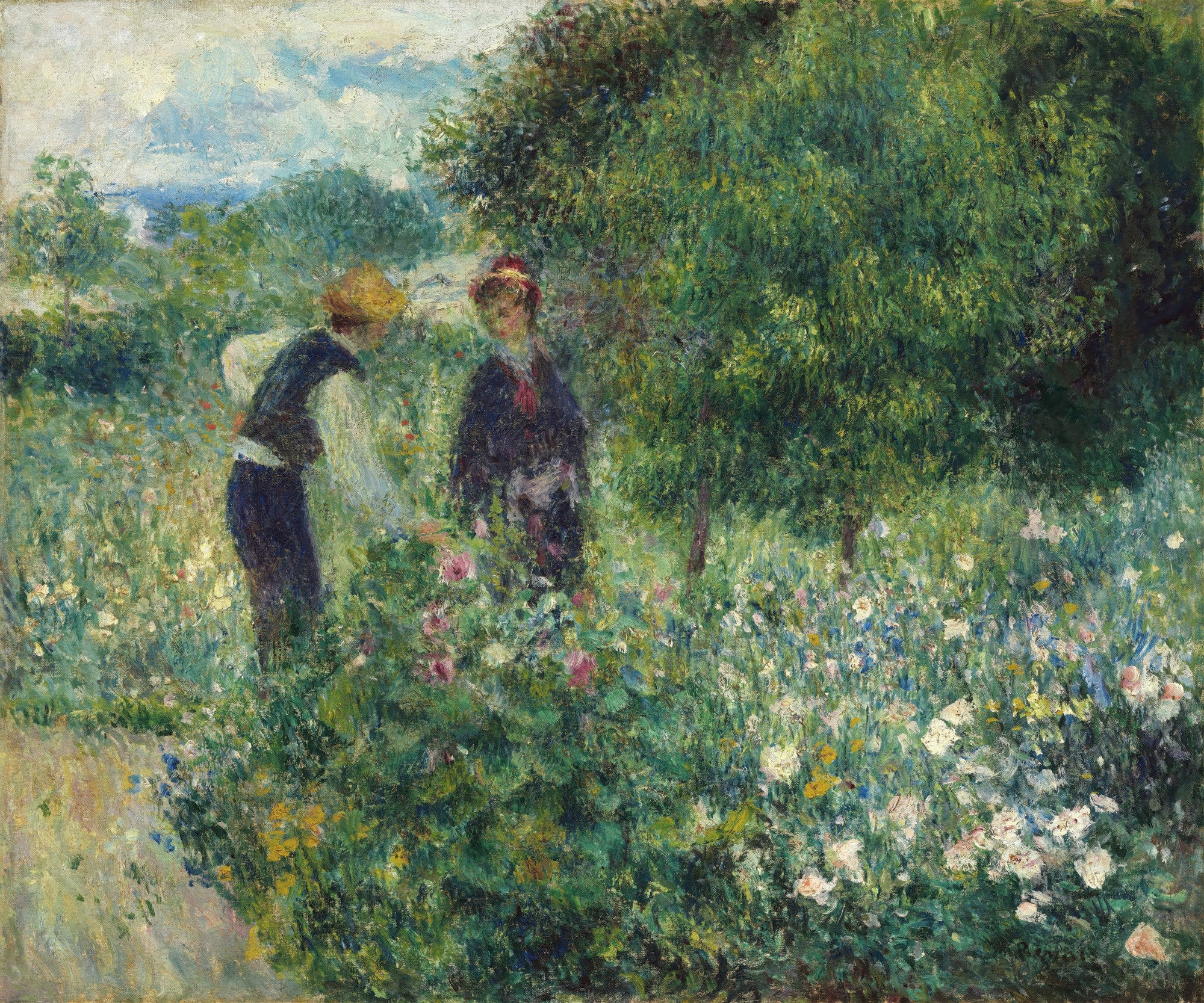 Quadro decorativo mostrando duas figuras em um jardim exuberante e florido, com pinceladas impressionistas. A luz do sol ilumina as flores e a folhagem.