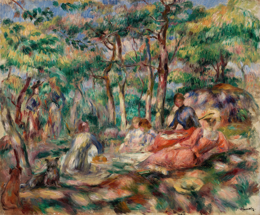 Pintura a óleo de Pierre-Auguste Renoir, intitulada Le Pique-nique, mostrando várias figuras em um bosque, com duas mulheres e crianças sentadas em primeiro plano, e outras figuras e dois cães ao fundo, em um estilo impressionista com pinceladas soltas e cores vivas, predominando tons de verde, azul e rosa.