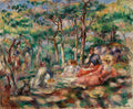 Pintura a óleo de Pierre-Auguste Renoir, intitulada Le Pique-nique, mostrando várias figuras em um bosque, com duas mulheres e crianças sentadas em primeiro plano, e outras figuras e dois cães ao fundo, em um estilo impressionista com pinceladas soltas e cores vivas, predominando tons de verde, azul e rosa.