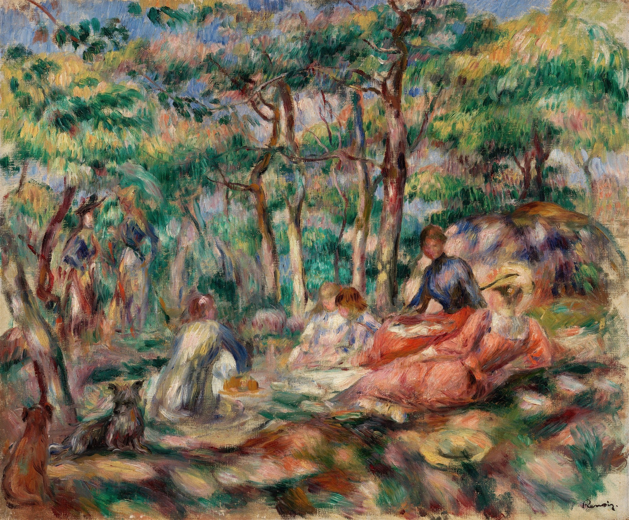 Pintura a óleo de Pierre-Auguste Renoir, intitulada Le Pique-nique, mostrando várias figuras em um bosque, com duas mulheres e crianças sentadas em primeiro plano, e outras figuras e dois cães ao fundo, em um estilo impressionista com pinceladas soltas e cores vivas, predominando tons de verde, azul e rosa.