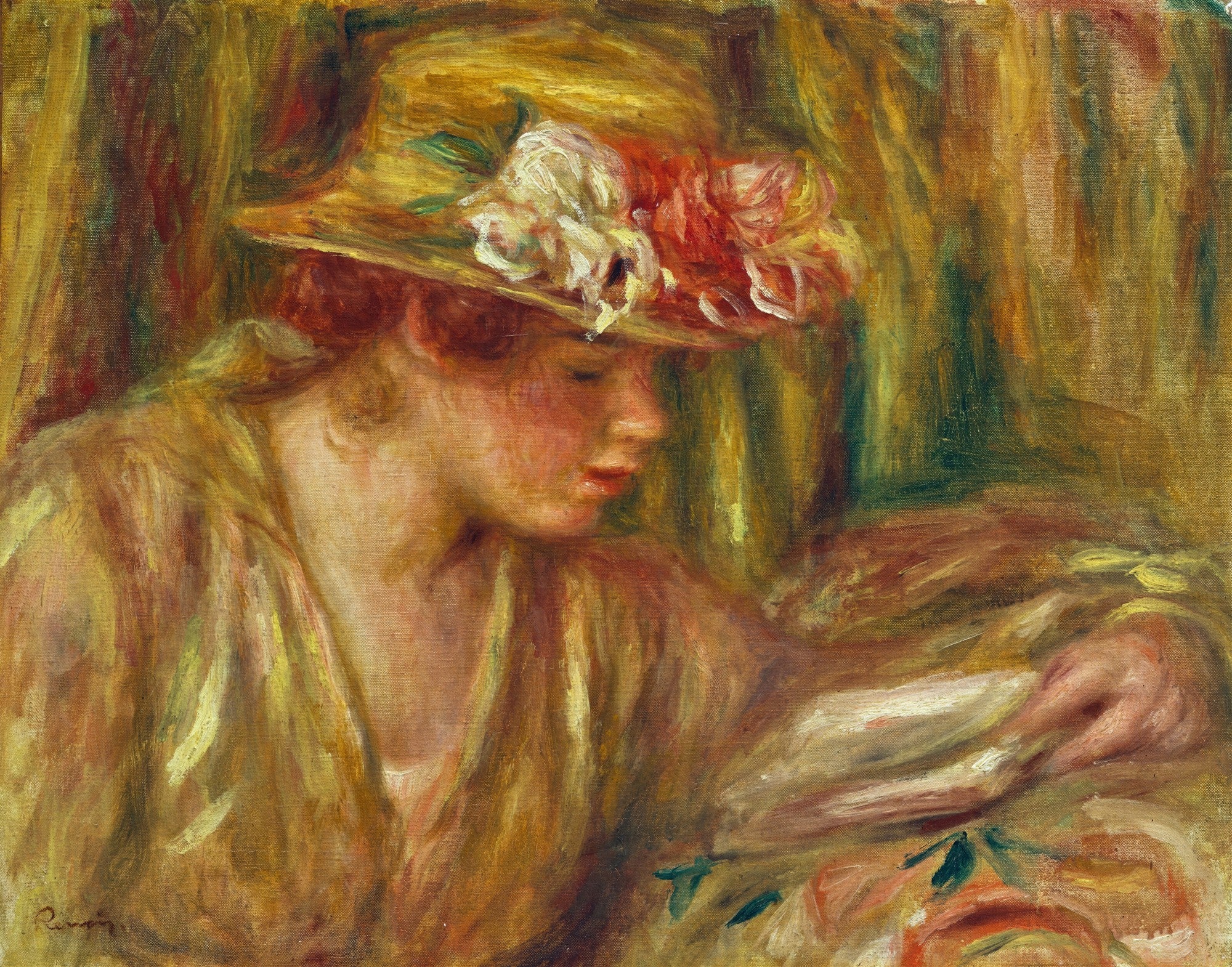 Quadro decorativo com pintura de uma mulher de perfil, usando um chapéu de palha adornado com flores vermelhas e brancas. As pinceladas são soltas e vibrantes, características do estilo impressionista. A paleta de cores é predominantemente amarela, laranja e marrom avermelhado.