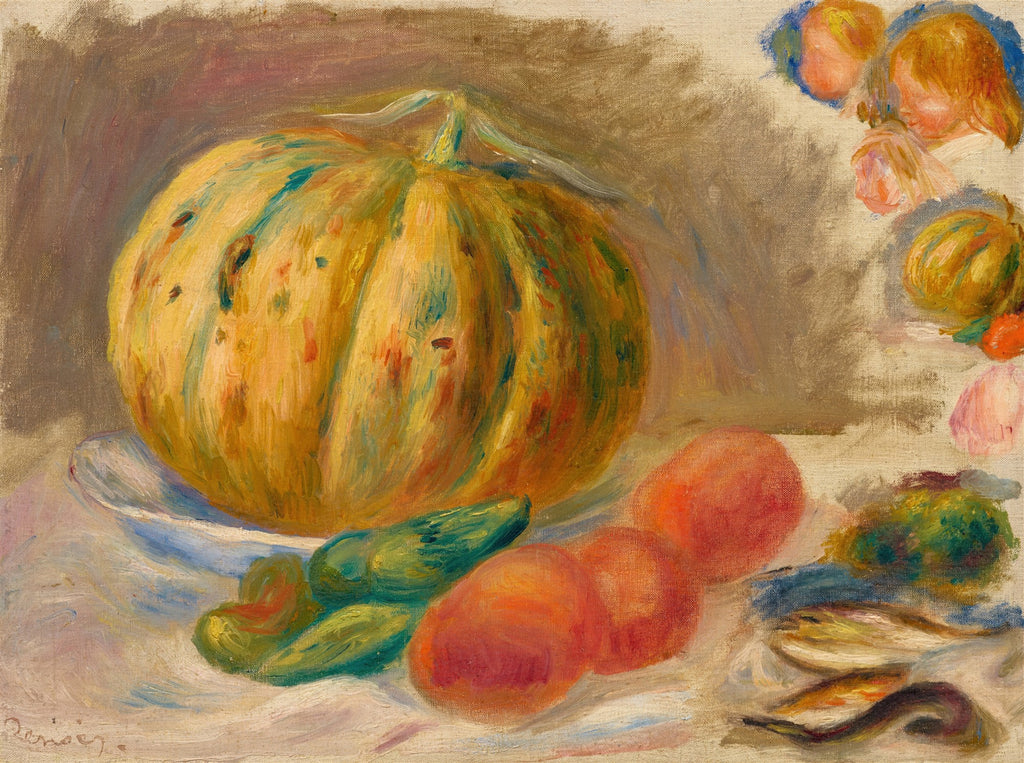 Quadro decorativo com natureza-morta de Renoir, apresentando uma grande abóbora amarela, frutas vermelhas e vegetais verdes em uma toalha branca. Estilo impressionista com pinceladas visíveis e cores vibrantes.