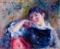 Retrato de uma jovem mulher de Pierre-Auguste Renoir, com cabelo escuro, vestindo um vestido azul com botões, e um colarinho branco, apoiando a cabeça na mão, com fundo abstrato e colorido, em estilo impressionista.