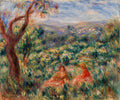 Quadro decorativo com pintura impressionista de Pierre Auguste Renoir, mostrando um campo florido e verdejante com duas figuras femininas sentadas sob a sombra de uma árvore, em tons de verde, amarelo, vermelho e azul claro no céu. A pincelada é solta e vibrante.
