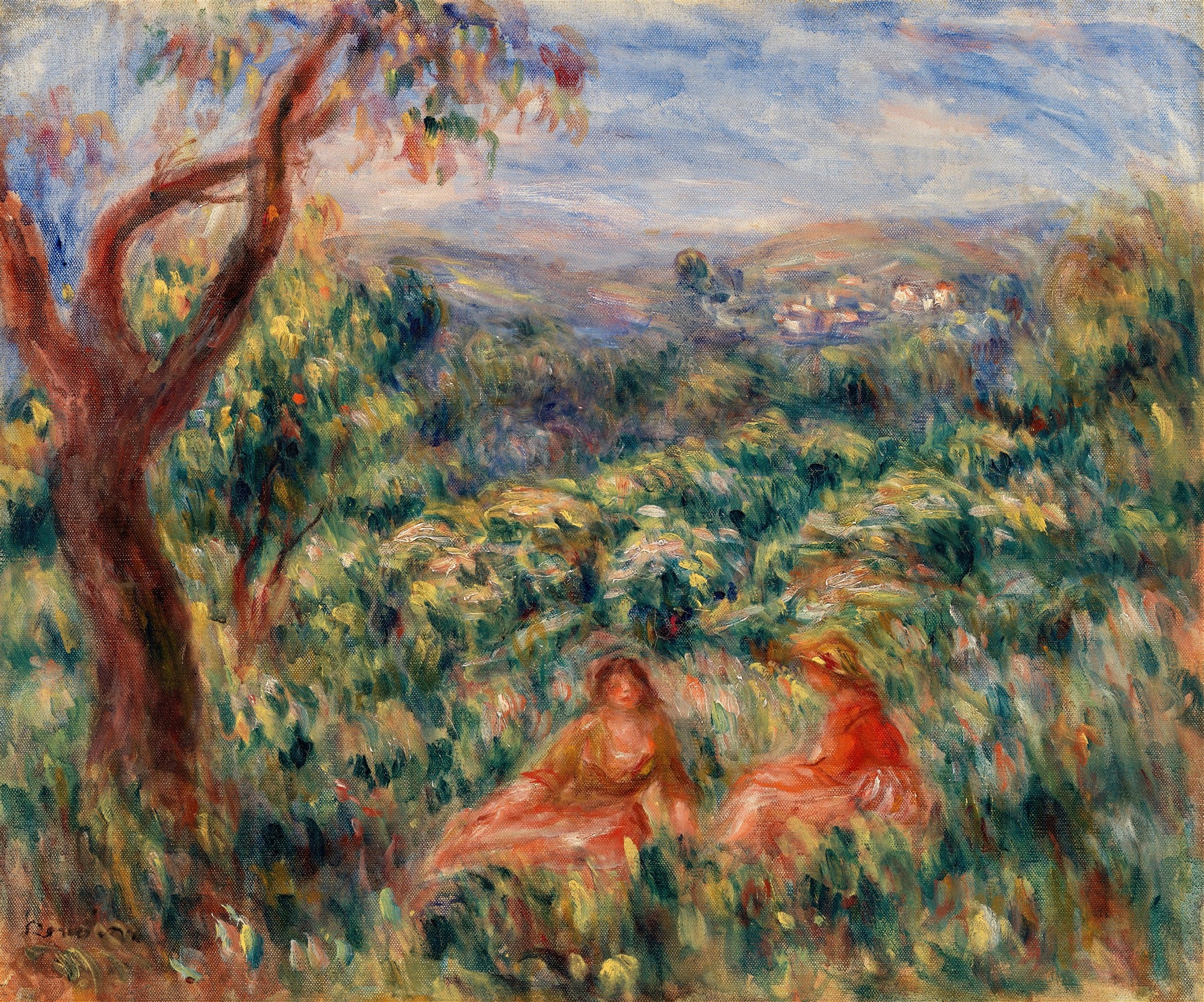 Quadro decorativo com pintura impressionista de Pierre Auguste Renoir, mostrando um campo florido e verdejante com duas figuras femininas sentadas sob a sombra de uma árvore, em tons de verde, amarelo, vermelho e azul claro no céu. A pincelada é solta e vibrante.