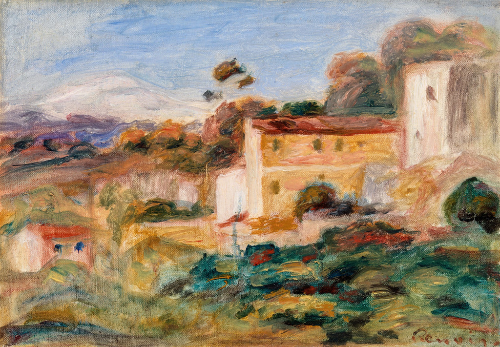 Pintura a óleo de Pierre-Auguste Renoir, uma paisagem com casas em tons terrosos e vegetação densa, sob um céu azul claro e montanhas distantes. As pinceladas são visíveis e vibrantes, características do estilo impressionista.