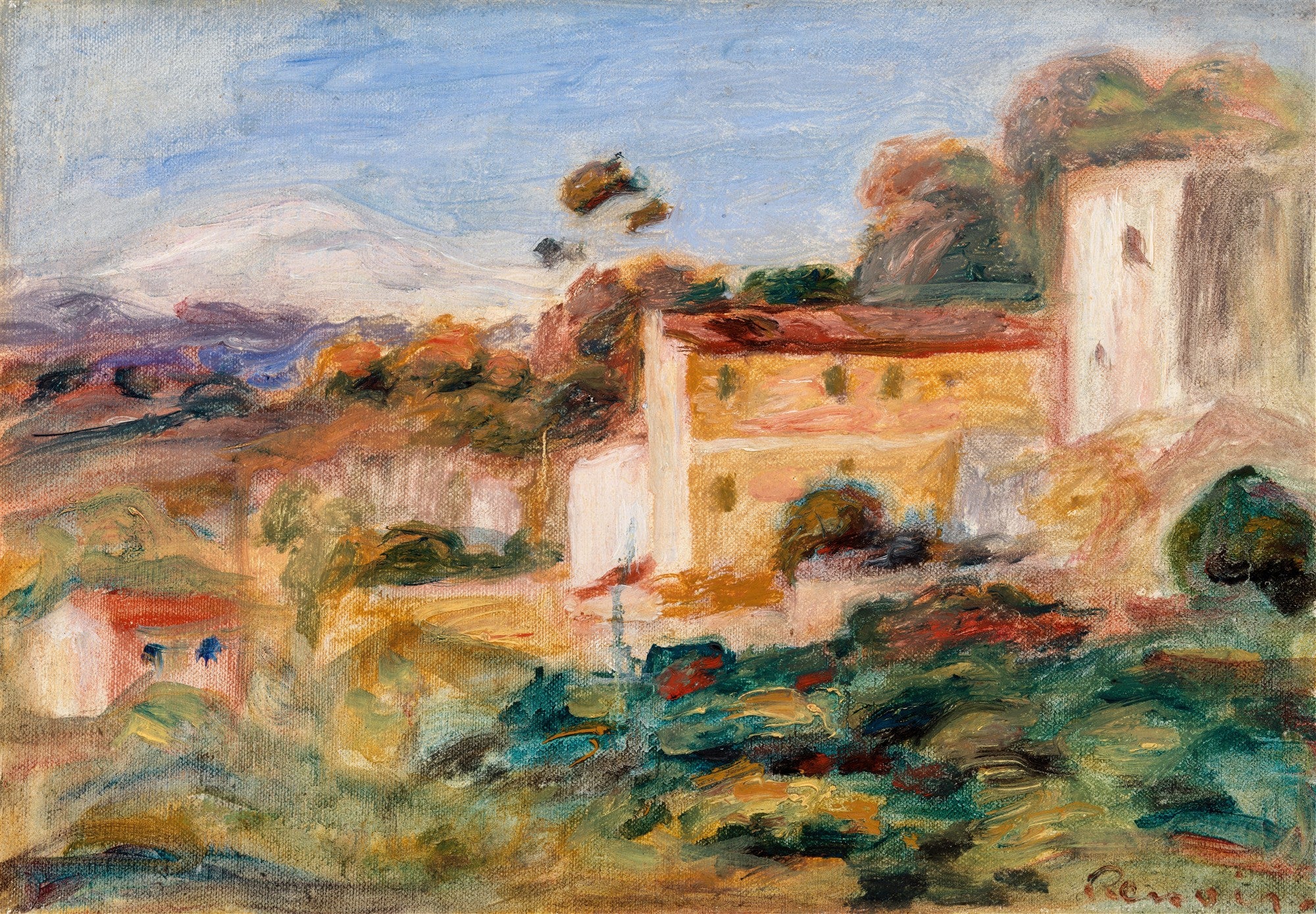 Pintura a óleo de Pierre-Auguste Renoir, uma paisagem com casas em tons terrosos e vegetação densa, sob um céu azul claro e montanhas distantes. As pinceladas são visíveis e vibrantes, características do estilo impressionista.