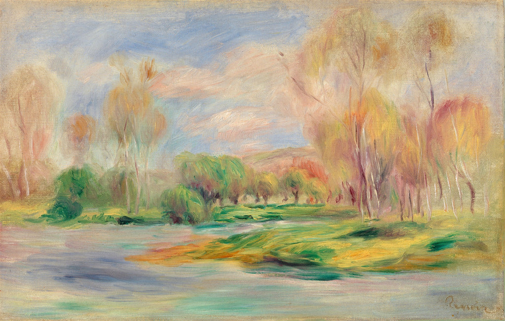 Quadro decorativo com paisagem outonal de Renoir, rio com árvores de folhagem amarelada e alaranjada, céu azul com nuvens rosadas. Estilo impressionista.
