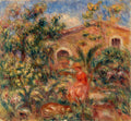 Quadro decorativo mostrando um jardim vibrante com uma mulher sentada de chapéu e um cão deitado, em estilo impressionista de Renoir, com uma casa ao fundo.
