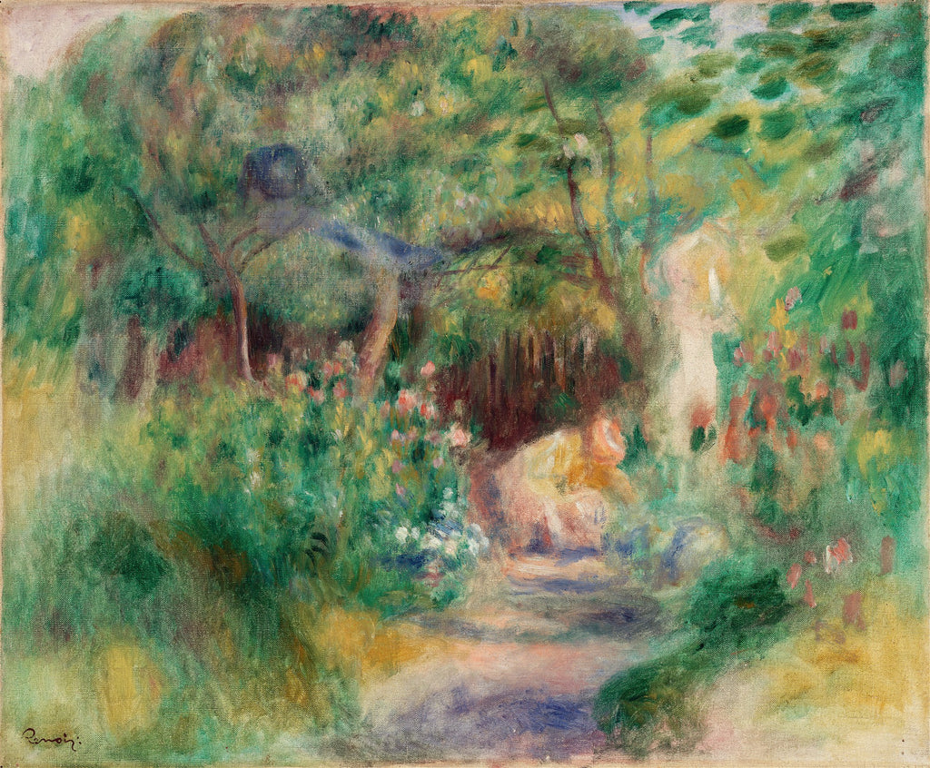 Quadro decorativo de uma paisagem impressionista com um jardim exuberante, repleto de folhagens verdes e flores coloridas em tons de rosa, vermelho e branco. A luz do sol filtra-se através das árvores, criando pontos luminosos. A assinatura 'Renoir' é visível no canto inferior esquerdo da tela.