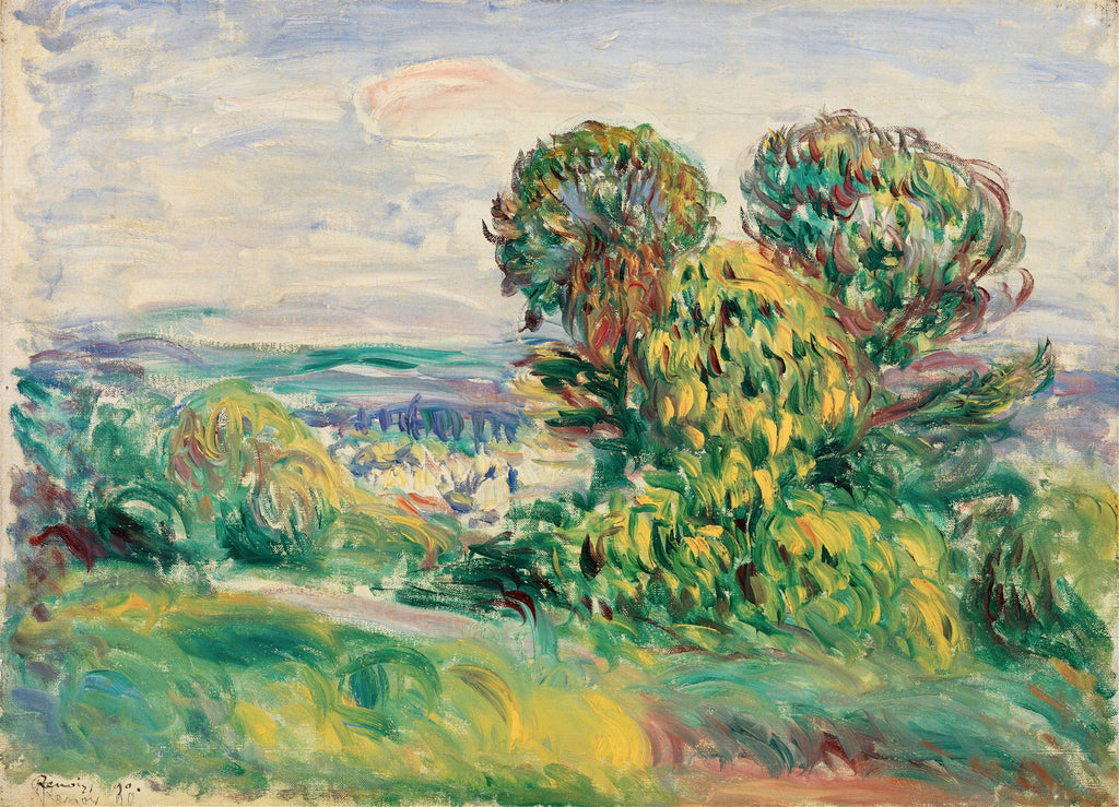 Pintura a óleo de Pierre-Auguste Renoir retratando uma paisagem com árvores frondosas em tons de verde e amarelo, sob um céu azul claro com nuvens brancas e rosadas, com montanhas distantes no horizonte. Pinceladas soltas e vibrantes.