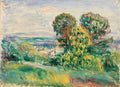 Pintura a óleo de Pierre-Auguste Renoir retratando uma paisagem com árvores frondosas em tons de verde e amarelo, sob um céu azul claro com nuvens brancas e rosadas, com montanhas distantes no horizonte. Pinceladas soltas e vibrantes.